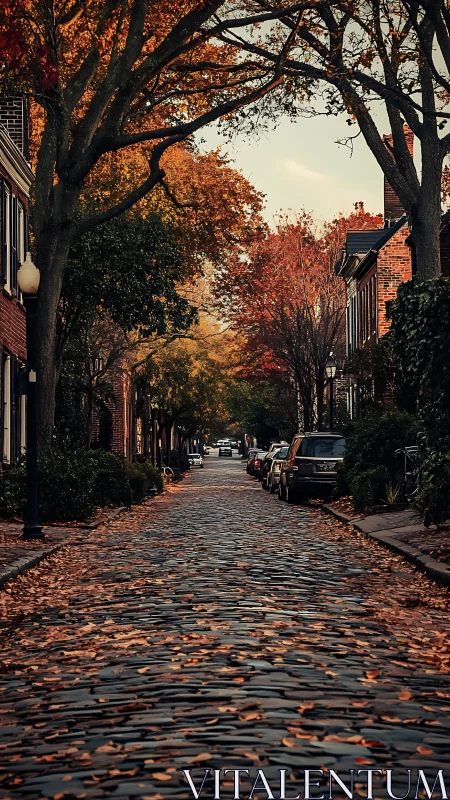 Cobblestone street extends between brick houses under trees