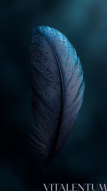 Midnight blue feather with dewdrops in quiet focus.