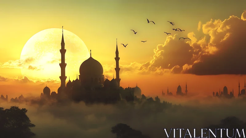 Sunrise over misty domes and drifting city spires.