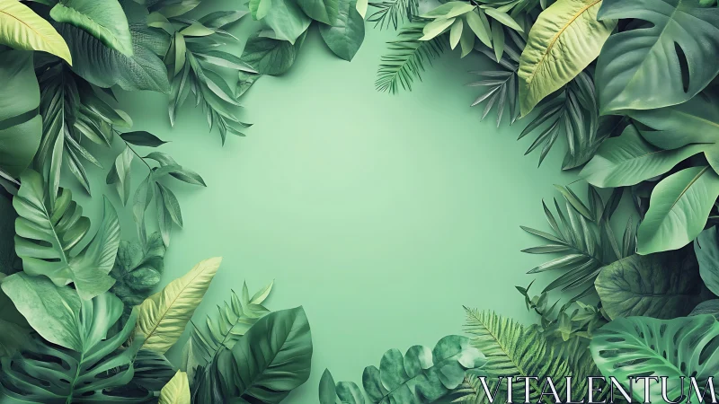Tropical green leaf border around empty mint background.