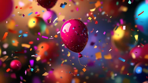 Celebration Burst: Red Balloon Among Confetti in Vibrant Abstract Space