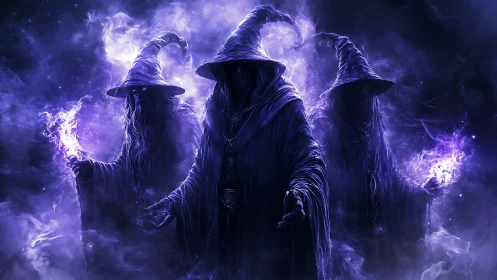 Triad of spectral sorcerers channeling violet arcane energy