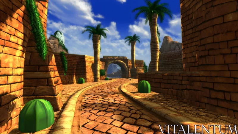 Vibrant 3D desert ruins with palm trees and stone pathways.