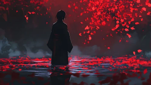 Backlit figure in kimono stands in reflective water under red foliage