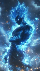 Blue energy humanoid figure in stormlike glowing environment.