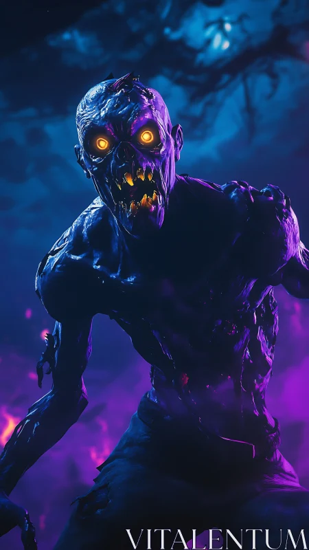 Glowing eyed demon lunges through neon lit haunted forest