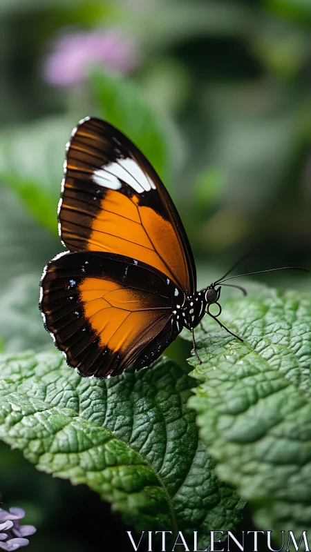Orange-black butterfly rests on textured green leaf calmly.