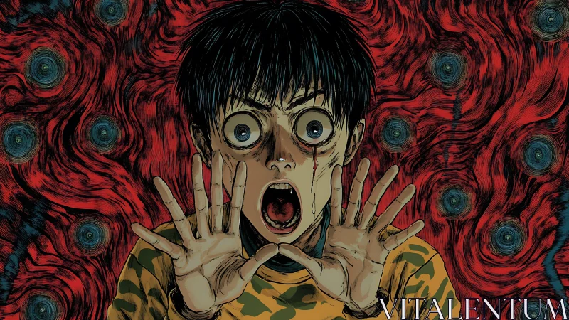 Horror anime boy screams before swirling red void backdrop.