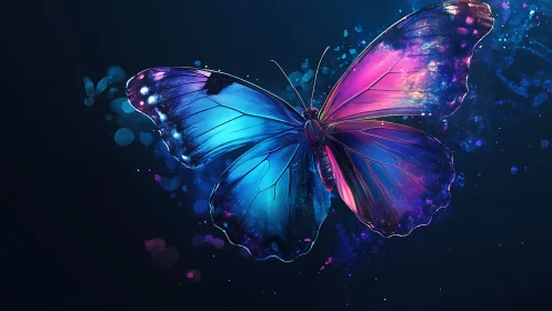 Vivid blue and pink butterfly on dark glowing background.