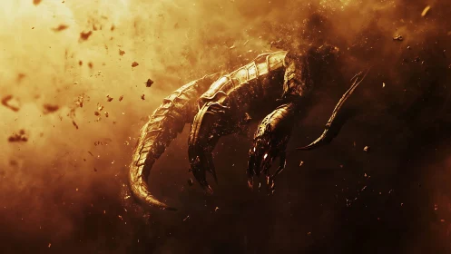 Draconic biomechanoid emerges through incandescent dust field