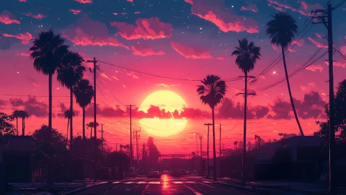 Neon sunset illuminates palm lined urban boulevard