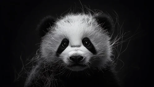 Hyperreal baby panda portrait with dramatic dark background