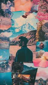 Surreal travel collage with male silhouette and alpine landscape