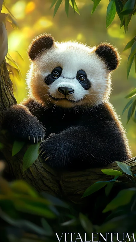 Sunlit panda cub daydreams in a leafy bamboo hideout.