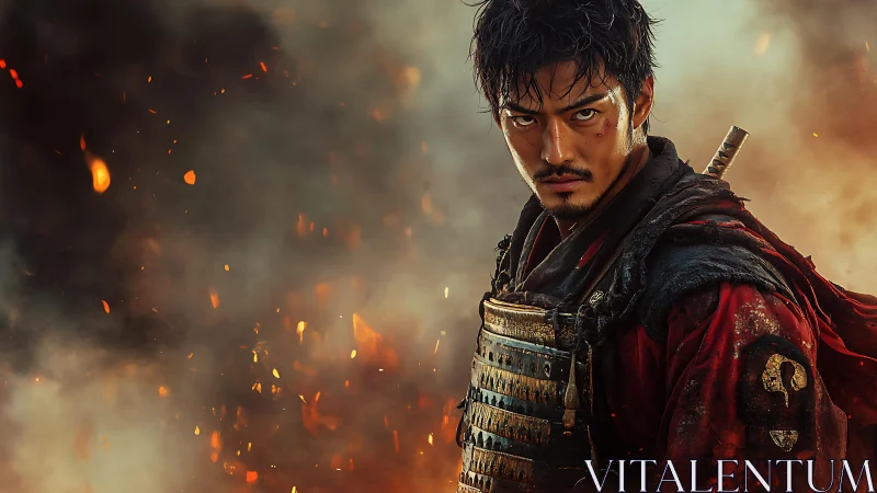 Armored warrior in ember-filled atmospheric battlefield blaze.