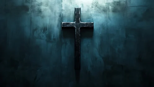 Textured metallic cruciform on dim cyan architectural plane.