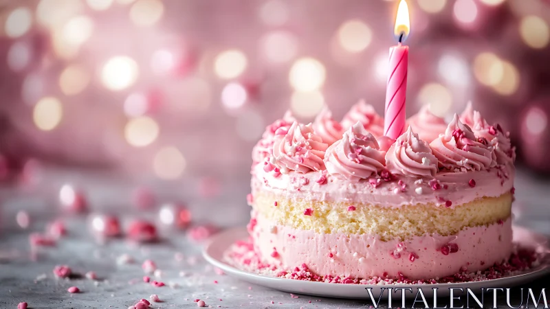 Pink Frosted Layer Cake with Lit Candle and Bokeh Backdrop