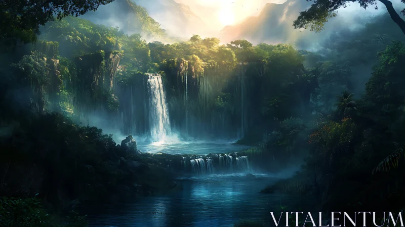 Mystical Waterfall Cascade Through Lush Jungle Gorge