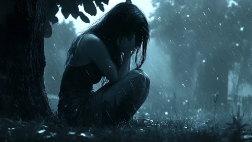 Girl weeps alone in the rain under a shadowed tree
