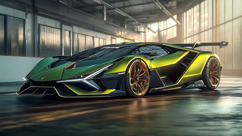 Futuristic green supercar render is parked in industrial hall