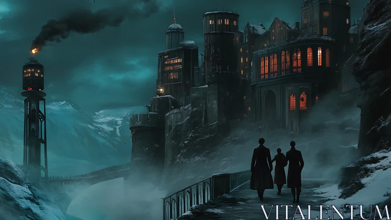 Mysterious cliffside academy glowing through winter fog.