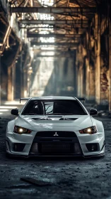 White Mitsubishi sports car in abandoned industrial warehouse.
