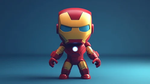 Stylized chibi armored hero figure stands in blue studio