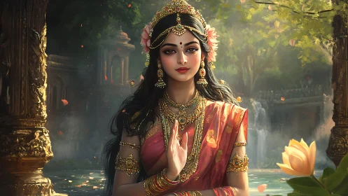 Divine Indian woman in silk sari amid temple garden waterscape.