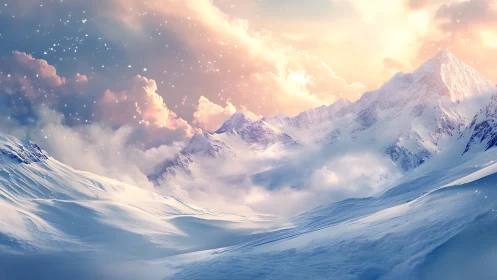 High dynamic range alpine peaks under luminous pastel cloudfield