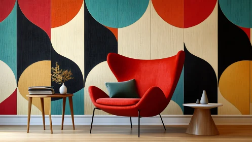 Midcentury lounge chair against bold geometric mural wall