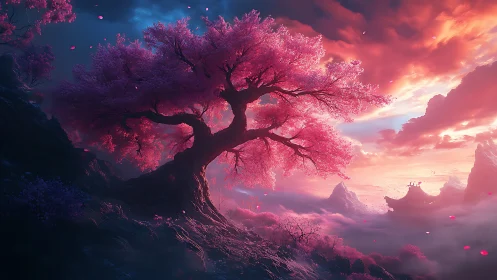 Pink blossoming tree on rocky slope at vivid sunset sky.