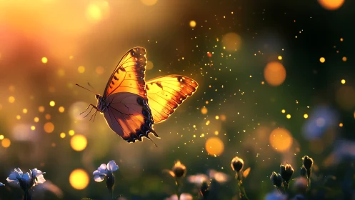 Backlit butterfly hovers over meadow in warm bokeh haze