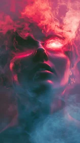 Luminous cybernetic face emerges through neon smoke haze