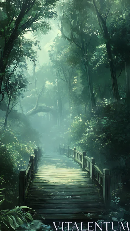 Misty Forest Bridge Path Through Ancient Trees.