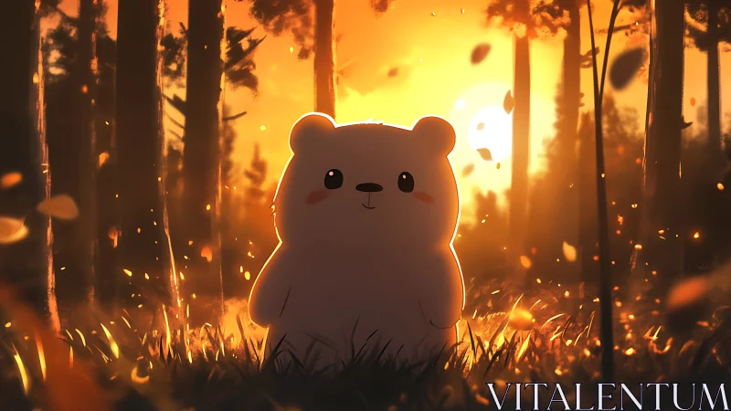 Cute bear glows in golden forest sunset light