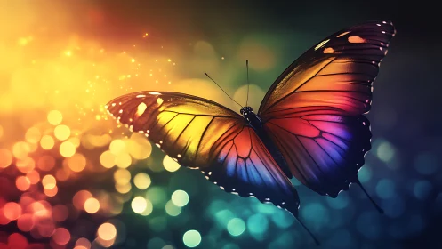 Vibrant digital butterfly over glowing bokeh lights.