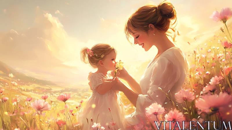 Sunlit mother and child bonding in glowing flower meadow.