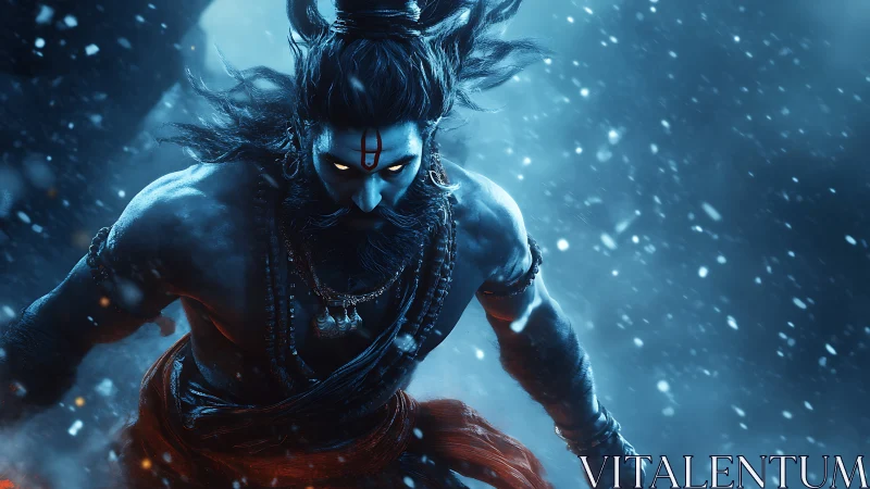 Mythic warrior with glowing eyes in icy storm scene.