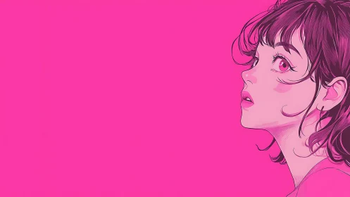Side profile anime girl gazes upward against neon pink