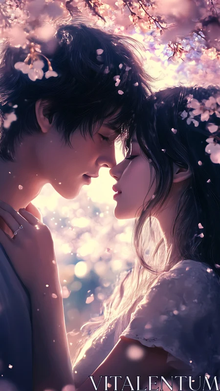 Cherry blossoms pause time as two lovers drift toward a kiss