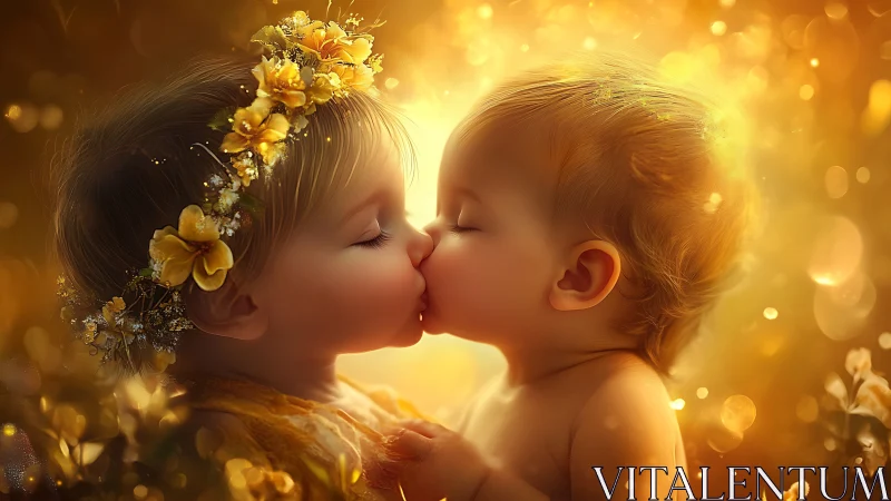 Two figures in profile kiss beneath golden bokeh light