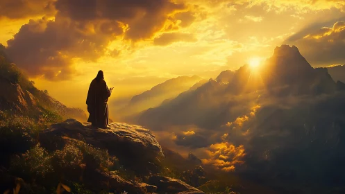 Solitary robed figure stands on cliff overlooking sunlit peaks