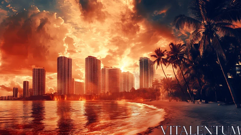 Sunlit city towers glow warmly above a tranquil tropical shore