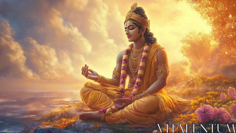 Divine figure meditates in golden light beside tranquil waters