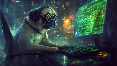 Cyberpunk hacker pug at glowing neon terminal at night.