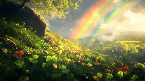 Hillside meadow with clover, wildflowers and double rainbow.