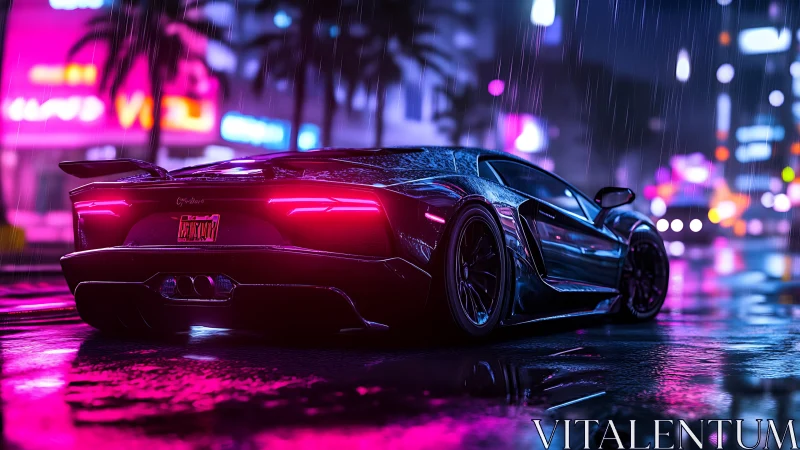 Neon sports car gleams in rainy cyberpunk city street at night.