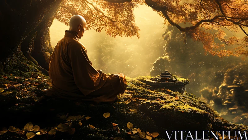 Monk in autumnal forest meditates within golden volumetric light