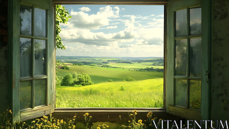 Open wooden window framing sunlit rural fields and sky.