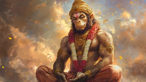 Serene monkey-headed deity rests in warm golden clouds